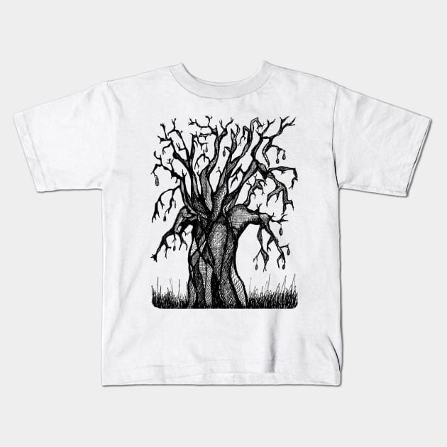 Black and White Baobab Artistic Line Drawing Kids T-Shirt by Tony Cisse Art Originals